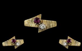 Ladies - Attractive Contemporary 18ct Gold Ruby and Diamond Set Two Stone Ring.