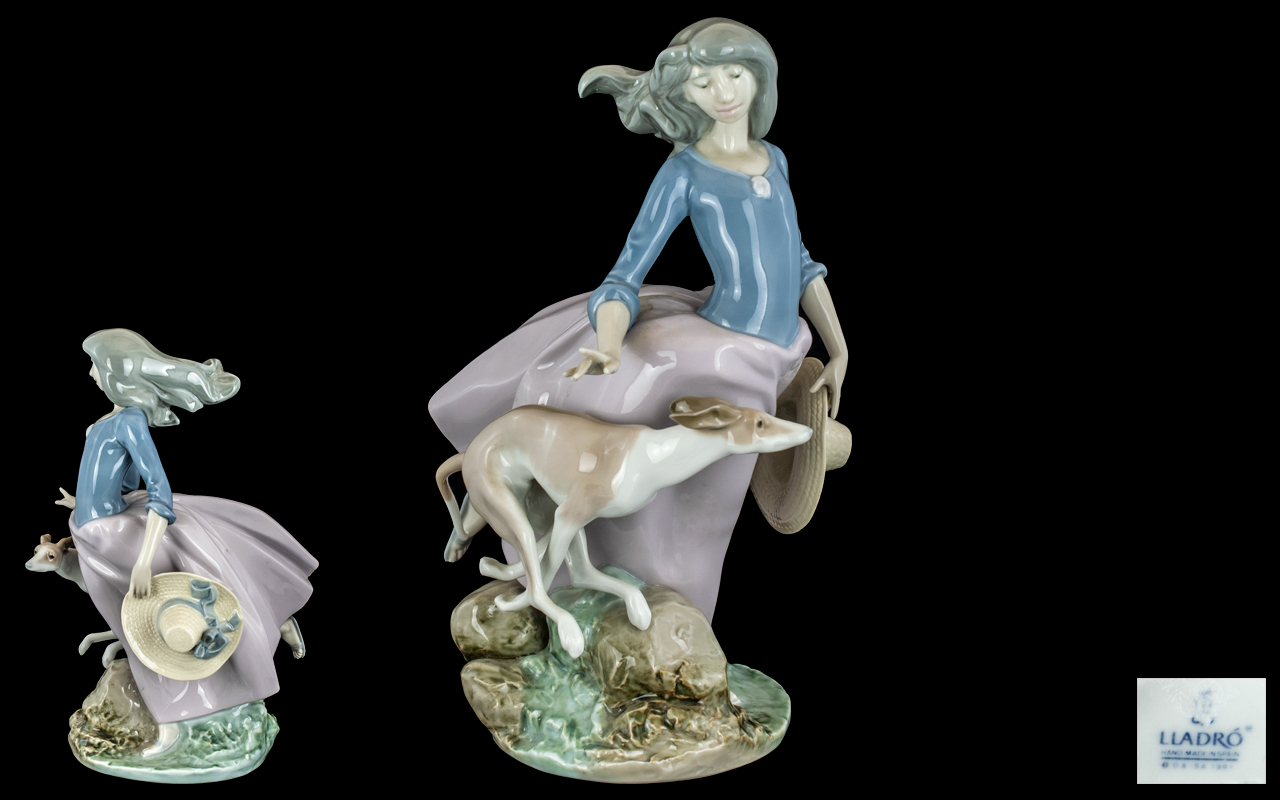 Lladro Hand Painted Porcelain Figure ' Afternoon Jaunt ' Girl with Greyhound. - Image 3 of 3