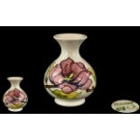 Moorcroft - Globular Shaped Tubelined Vase ' Magnolia ' Pink on Cream Ground.