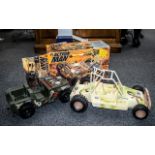 A Collection of Toy Cars and Motorbikes including a boxed action man 4 wheel flatbed trailer