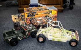 A Collection of Toy Cars and Motorbikes including a boxed action man 4 wheel flatbed trailer