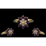 Ladies - Attractive 9ct Gold Amethyst and Seed Pearl Set Ring. Full Hallmark for 9.