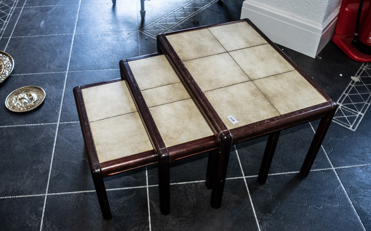 Modern Tiled Top Teak Nest of Three Tables, largest table 26'' x 18'', circa 1970s. - Image 2 of 3