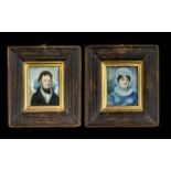 Pair of Antique Primitive Portrait Miniatures, painted on ivory, of Mr and Mrs J.