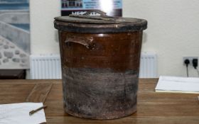 Victorian Stoneware Storage Bucket, with wooden lid. 14" high x 14" diameter.