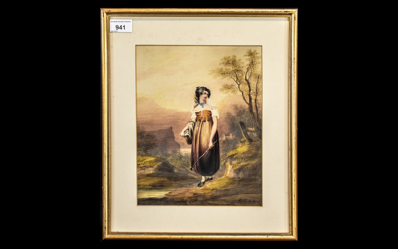 Antique Watercolour Drawing of a Girl in a Country Setting, signed Sholoti, 35; framed and glazed,