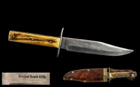 Vintage Bowie Knife with stag antler handle grip, stamped to the blade 'Original Bowie Knife',