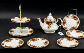 Royal Albert 'Old Country Roses' Teapot, two-tiered cake plate, and six small cake/sandwich plates,