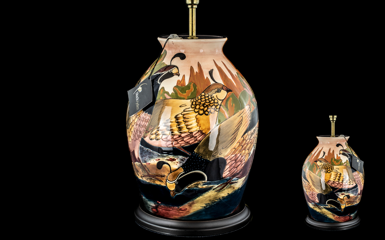Black Ryden for Moorcroft Table Lamp, depicting birds and foliage.