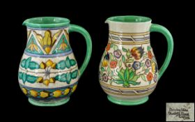 Bursley Ware Charlotte Rhead Hand Painted Pair of Painted Enamel Jugs In Stylish Floral Designs. c.