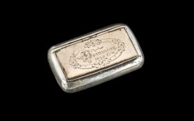 A Continental White Metal Snuff Box, Engraved to Front, dated 1923 with hinged lid, stamped 830. 2.