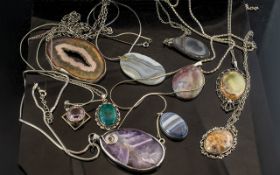 A Good Collection of Vintage White Metal - One or Two Silver Stone-set Pendants / Charms ( 10 ) In