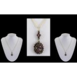 Antique Period Attractive 9ct Gold - Fire Garnet Set Pendant Drop with Attached 9ct Gold Chain,