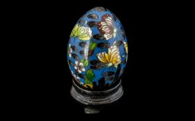 Small Chinese Cloisonne Enameled Egg with Stand.