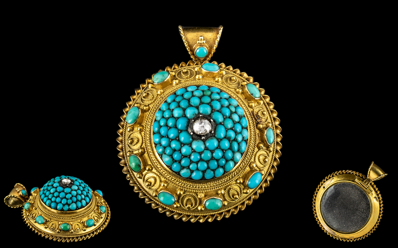 Antique Period - Attractive and Stunning 15ct Gold - Etruscan Revival Large Turquoise and Diamond