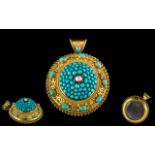 Antique Period - Attractive and Stunning 15ct Gold - Etruscan Revival Large Turquoise and Diamond