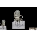 Victorian Period Superb Sterling Silver Miniature Elaborate Arm Chair Decorated In High Relief with