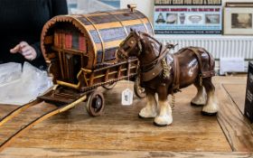 Shire Horse with Tack and Wooden Gypsy Caravan.
