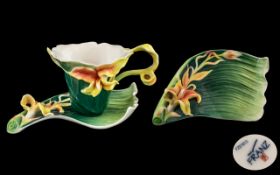 Franz - Superb Stylish Hand Painted Porcelain Cup and Saucer ' Lilies ' Design, Green,