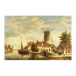 Oil on Board of Dutch Village Scene. Antique Oil Painting of a Village Scene of People, A Cow on the