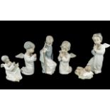 Collection of Five Lladro Figures, comprising three winged angels, one 7'' tall playing a flute, and