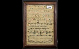 George III Dated Sampler, of typical form, alphabet and verse, dated 1778 named, age 9 years.