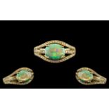 18ct Gold - Attractive Diamond and Opal Set Ring, Excellent Opal with Strong Colours,