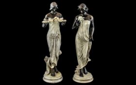 Art Nouveau Style Pair of Hand Painted Rosin Figures by Oliver Tupton Bronzed Female Figures, Signed