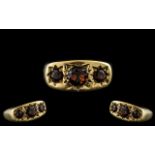 Antique Period - Pleasing 3 Stone Fire Garnet Set Ring. Marked 9ct to Interior of Shank. The Fire