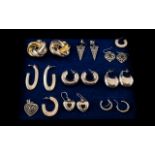 Collection of Vintage Sterling Silver Earrings, 10 pairs in total, all marked for silver.