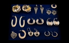 Collection of Vintage Sterling Silver Earrings, 10 pairs in total, all marked for silver.