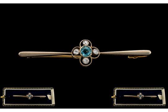 Edwardian Period - Nice Quality 15ct Gold and Platinum Diamond and Aquamarine Set Brooch.