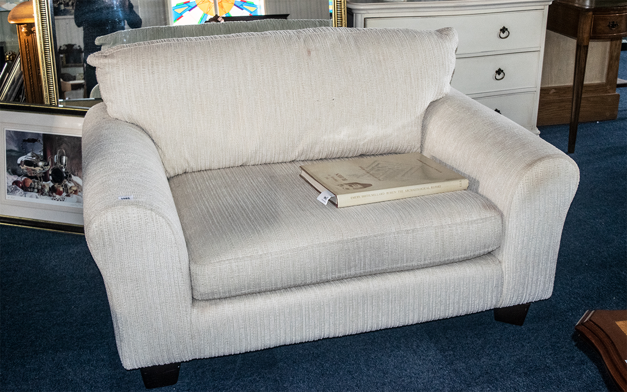 Two Seater Contemporary Overstuffed Sofa, covered in an ivory coloured material, on square feet. - Image 2 of 2