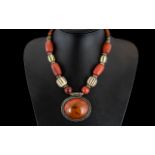 Mid Century Silver & Amber / Bakelite Necklace. Amber Necklace Set with Silver Spacers and Large