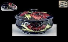 Moorcroft - Pleasing Tubelined Lidded Powder Bowl ' Blue Anemone ' c.1994. Monogrammed to Base W.M.