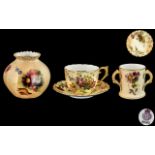 Royal Worcester - Fine Trio of Blush Ivory Pieces, All with Hand Painted Images of Spring Flowers.