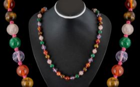 A Vintage Multi-Colour Beaded Necklace, Each Bead Knotted, With Clasp Marked for Silver.