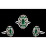 Art Deco Style - Attractive 18ct White Gold Emerald and Diamond Set Dress Ring.