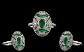 Art Deco Style - Attractive 18ct White Gold Emerald and Diamond Set Dress Ring.