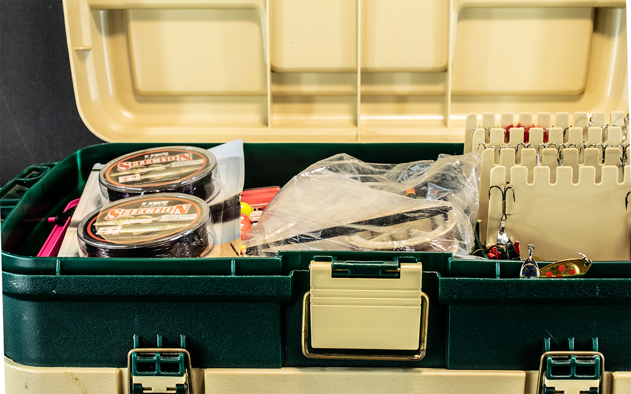 Fishing Interest - Three Fishing Rods, a landing net and hard shell box full of fishing tackle, - Image 11 of 27