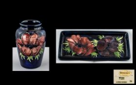 Moorcroft - Tubelined Rectangular Shaped Pin Tray of Elongated Form + A Small Vase.