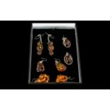Excellent Collection of Sterling Silver Amber Set Earrings ( 4 ) Pairs In Total.