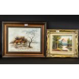 Pair of Oil Paintings comprising a painting of a mountain and woodland scene, framed in a gilt