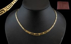 Ladies - Excellent Quality 14ct Gold Graduated Collarette Greek Key Design with Tongue Fastener and