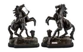 Pair of Spelter Marly Horses, depicting rearing horses and handlers, raised on ebonised base.