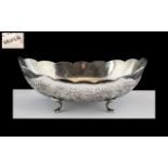 Vintage Silver Footed Bowl of Boat Shape, Supported On Curved Feet, Frilled Border, Marked Silver.