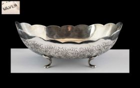 Vintage Silver Footed Bowl of Boat Shape, Supported On Curved Feet, Frilled Border, Marked Silver.