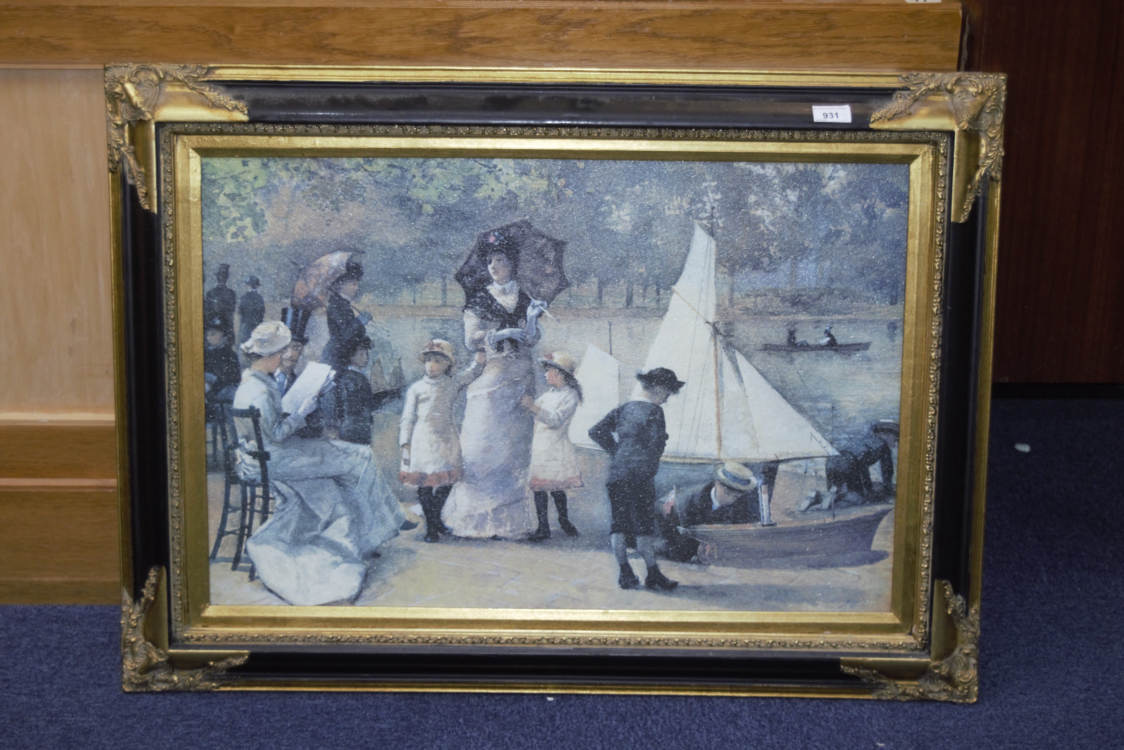 Two Gilt Framed Prints, one depicting a Paris park scene with children, measures 37'' x 27'', and