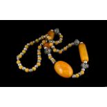 African Vintage Large Statement Necklace, amber plastic with white metal spacers, the three amber