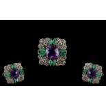 Blackened 925 Silver 3.70 Ct Amethyst Ring, with 1.42 Ct Rose cut Diamonds & 1.08 Ct Emeralds.